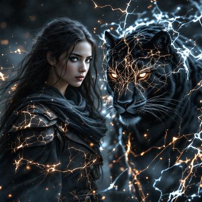 The primary subject of the image is a woman with long hair, wearing a black dress and a black scarf. She is standing next to a black tiger, which is the main object of the scene. The setting appears to be a dark, possibly magical or fantastical environment, as the woman and the tiger are surrounded by a glowing, sparkling background. The visual style of the image is a combination of photo and digital art, creating a unique and captivating scene. The dominant colors in the image are